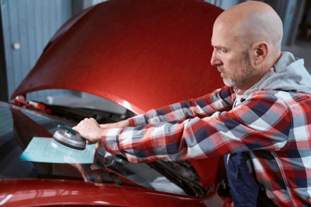A specialist fitting a windscreen